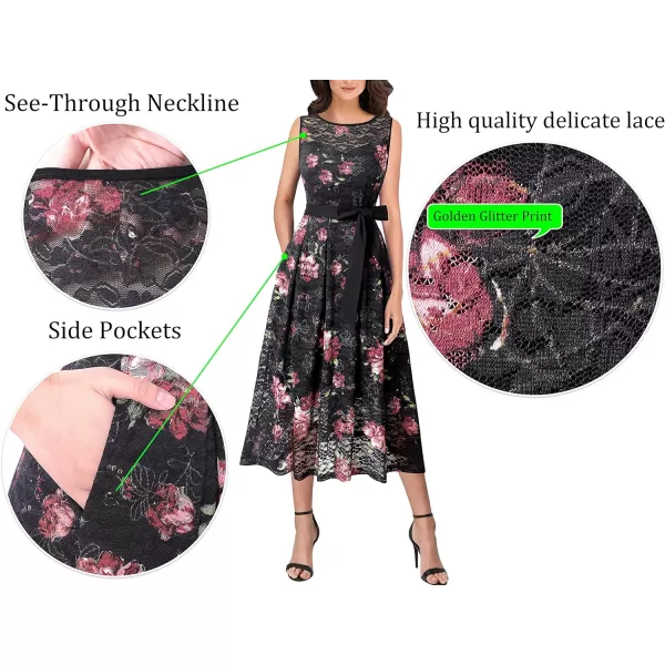 Vfshow Womens Elegant Patchwork Pockets Print Work Casual ALine Midi DressBlack and Pink Floral Print Lace2