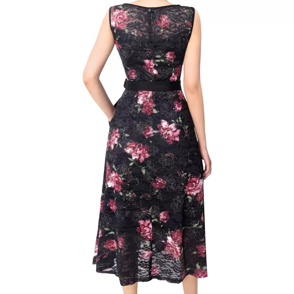 Vfshow Womens Elegant Patchwork Pockets Print Work Casual ALine Midi DressBlack and Pink Floral Print Lace2