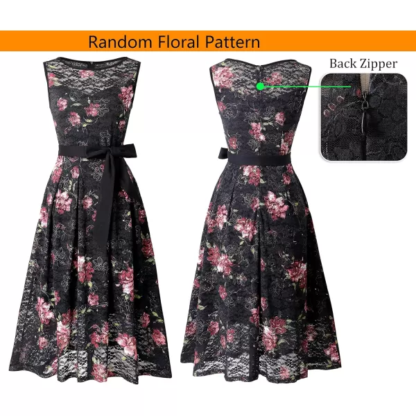 Vfshow Womens Elegant Patchwork Pockets Print Work Casual ALine Midi DressBlack and Pink Floral Print Lace2