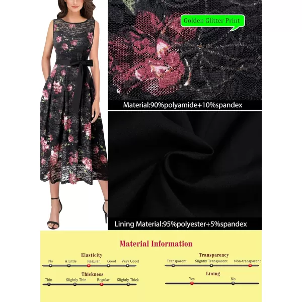 Vfshow Womens Elegant Patchwork Pockets Print Work Casual ALine Midi DressBlack and Pink Floral Print Lace2