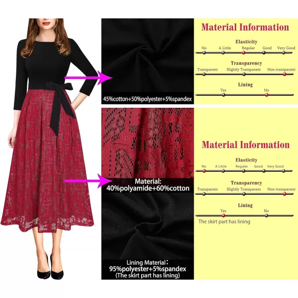 Vfshow Womens Elegant Patchwork Pockets Print Work Casual ALine Midi DressBlack and Red Lace