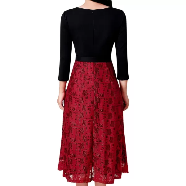 Vfshow Womens Elegant Patchwork Pockets Print Work Casual ALine Midi DressBlack and Red Lace