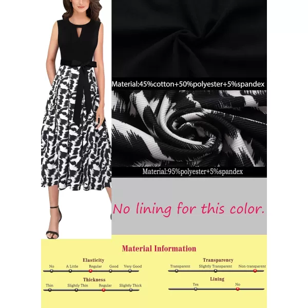 Vfshow Womens Elegant Patchwork Pockets Print Work Casual ALine Midi DressBlack and White Abstract Print2