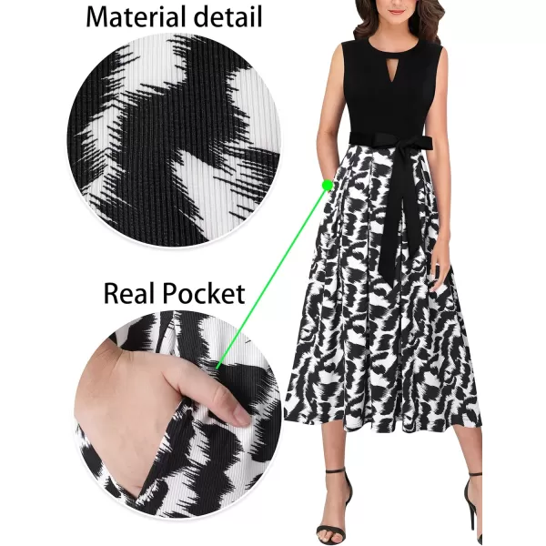 Vfshow Womens Elegant Patchwork Pockets Print Work Casual ALine Midi DressBlack and White Abstract Print2