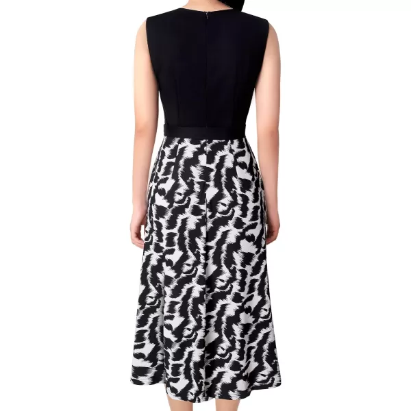 Vfshow Womens Elegant Patchwork Pockets Print Work Casual ALine Midi DressBlack and White Abstract Print2