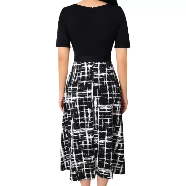 Vfshow Womens Elegant Patchwork Pockets Print Work Casual ALine Midi DressBlack and White Geometry3