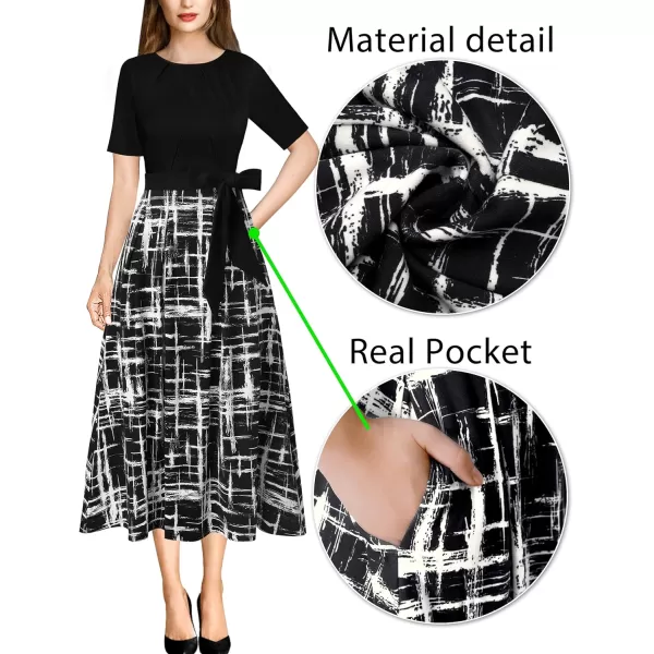 Vfshow Womens Elegant Patchwork Pockets Print Work Casual ALine Midi DressBlack and White Geometry3