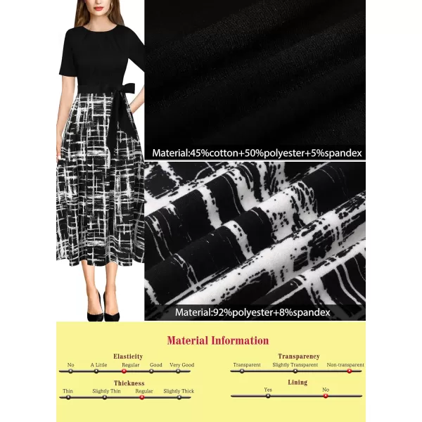 Vfshow Womens Elegant Patchwork Pockets Print Work Casual ALine Midi DressBlack and White Geometry3