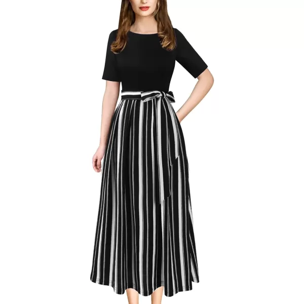 Vfshow Womens Elegant Patchwork Pockets Print Work Casual ALine Midi DressBlack and White Striped5