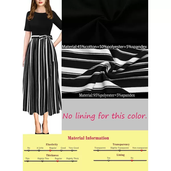 Vfshow Womens Elegant Patchwork Pockets Print Work Casual ALine Midi DressBlack and White Striped5