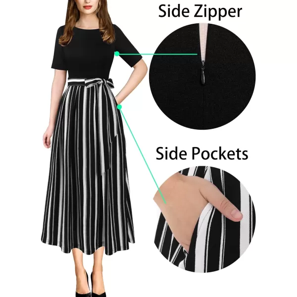 Vfshow Womens Elegant Patchwork Pockets Print Work Casual ALine Midi DressBlack and White Striped5