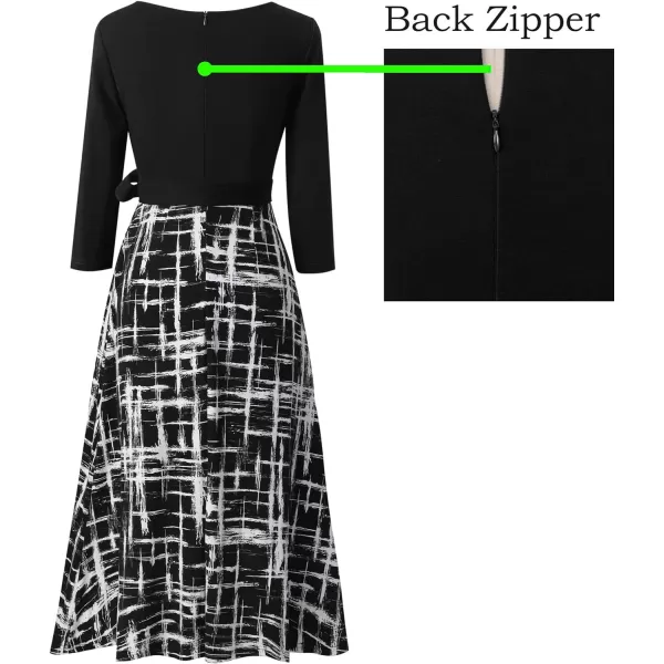 Vfshow Womens Elegant Patchwork Pockets Print Work Casual ALine Midi DressBlackblack and White Geometric Print