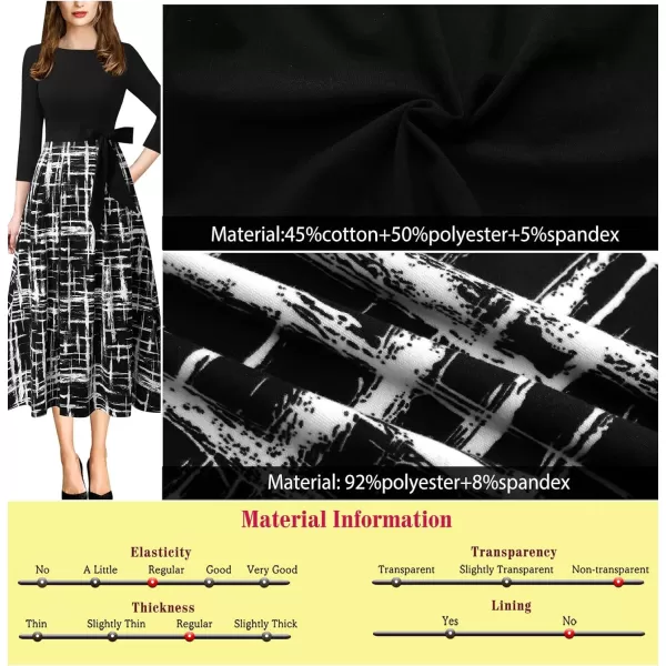 Vfshow Womens Elegant Patchwork Pockets Print Work Casual ALine Midi DressBlackblack and White Geometric Print