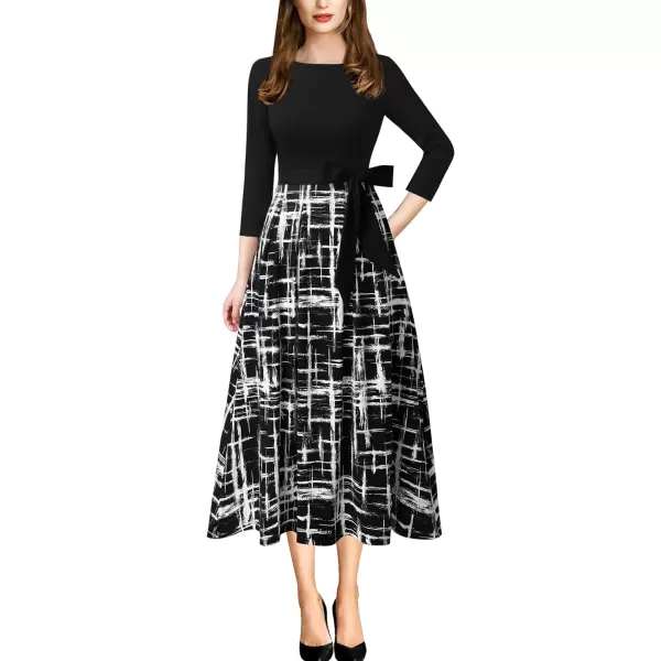 Vfshow Womens Elegant Patchwork Pockets Print Work Casual ALine Midi DressBlackblack and White Geometric Print