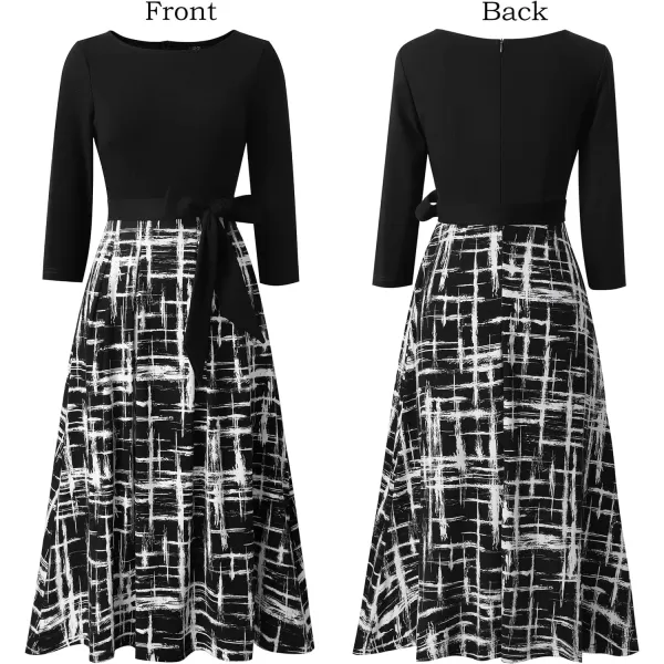 Vfshow Womens Elegant Patchwork Pockets Print Work Casual ALine Midi DressBlackblack and White Geometric Print