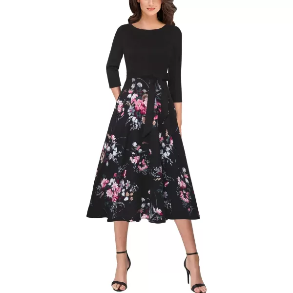 Vfshow Womens Elegant Patchwork Pockets Print Work Casual ALine Midi DressBlackmulti Floral Print34 Sleeve