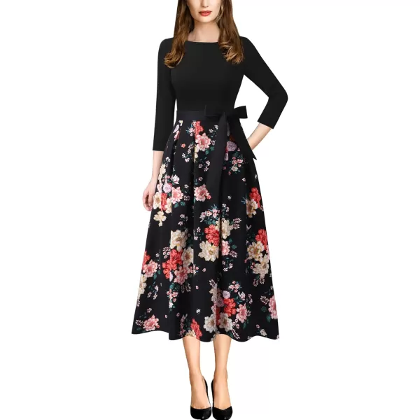 Vfshow Womens Elegant Patchwork Pockets Print Work Casual ALine Midi DressBlackred Beige Floral Print