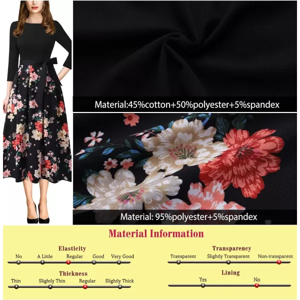 Vfshow Womens Elegant Patchwork Pockets Print Work Casual ALine Midi DressBlackred Beige Floral Print