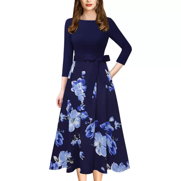 Vfshow Womens Elegant Patchwork Pockets Print Work Casual ALine Midi DressDark Blue Blue White Floral Print