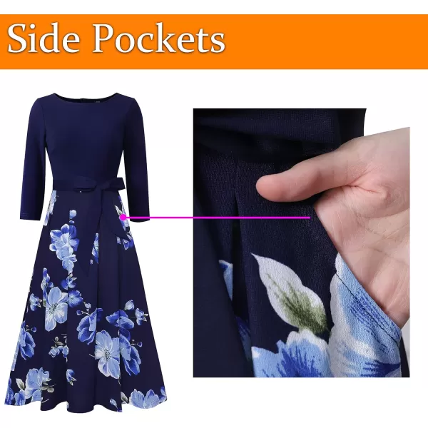 Vfshow Womens Elegant Patchwork Pockets Print Work Casual ALine Midi DressDark Blue Blue White Floral Print