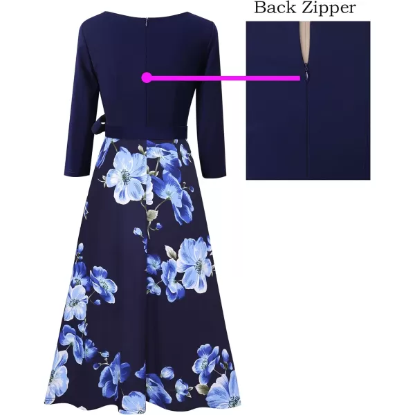 Vfshow Womens Elegant Patchwork Pockets Print Work Casual ALine Midi DressDark Blue Blue White Floral Print