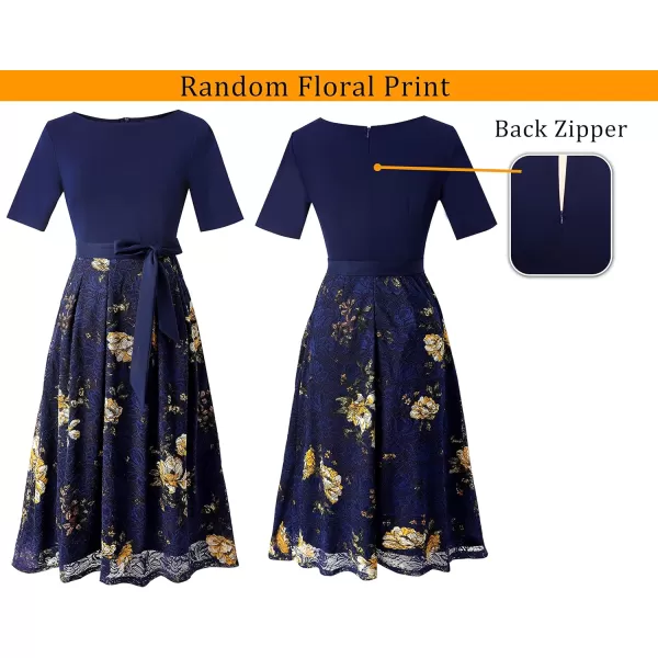 Vfshow Womens Elegant Patchwork Pockets Print Work Casual ALine Midi DressDark Blue Floral Print Lace2