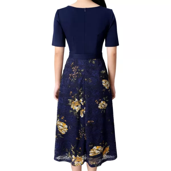 Vfshow Womens Elegant Patchwork Pockets Print Work Casual ALine Midi DressDark Blue Floral Print Lace2