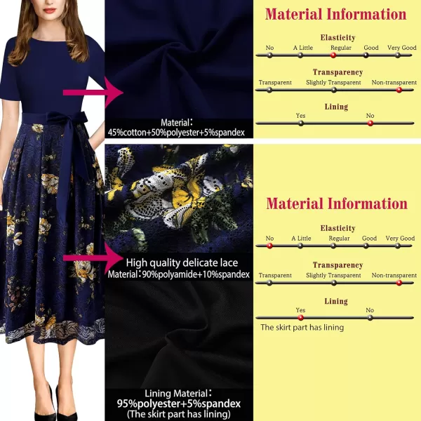 Vfshow Womens Elegant Patchwork Pockets Print Work Casual ALine Midi DressDark Blue Floral Print Lace2