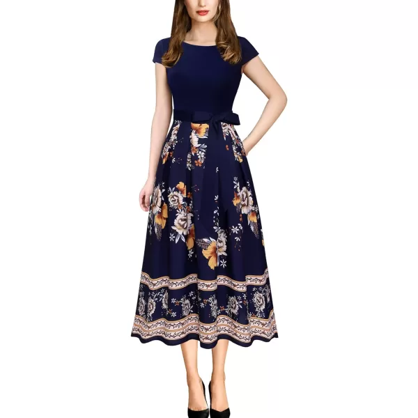 Vfshow Womens Elegant Patchwork Pockets Print Work Casual ALine Midi DressDark Blue and Floral Print Cap Sleeve