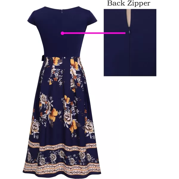 Vfshow Womens Elegant Patchwork Pockets Print Work Casual ALine Midi DressDark Blue and Floral Print Cap Sleeve