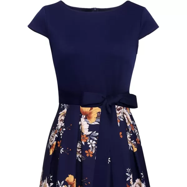 Vfshow Womens Elegant Patchwork Pockets Print Work Casual ALine Midi DressDark Blue and Floral Print Cap Sleeve