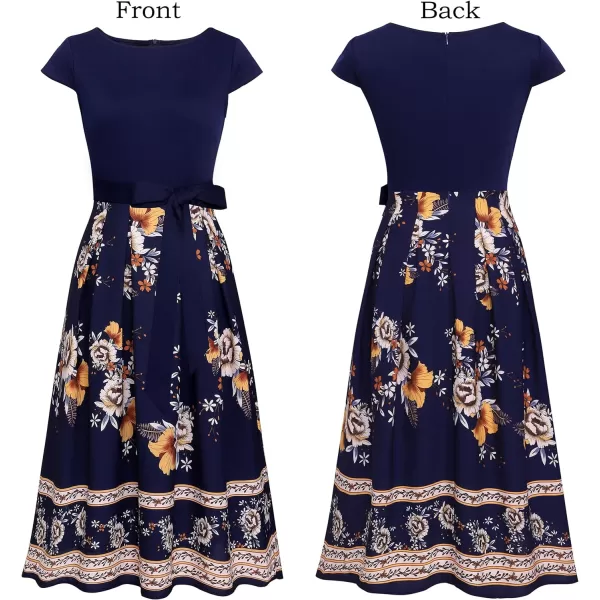 Vfshow Womens Elegant Patchwork Pockets Print Work Casual ALine Midi DressDark Blue and Floral Print Cap Sleeve