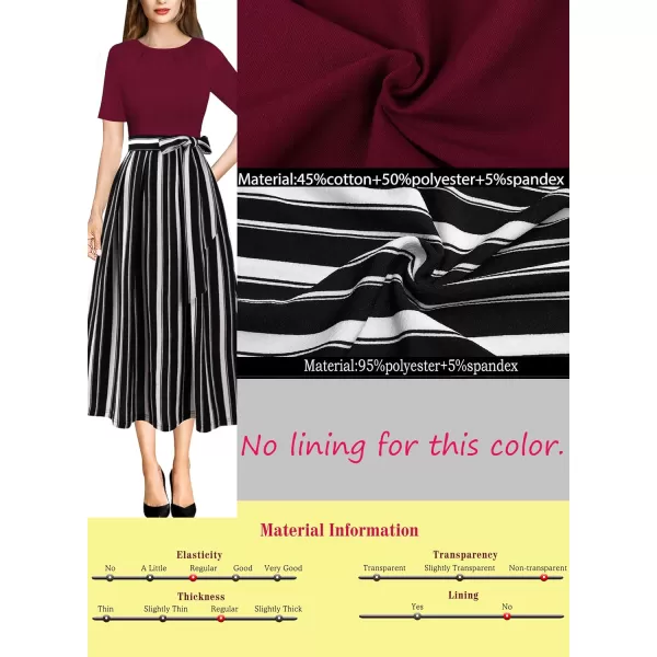 Vfshow Womens Elegant Patchwork Pockets Print Work Casual ALine Midi DressDark Red and Stirpes