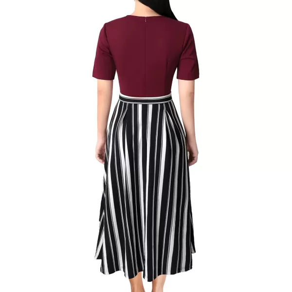 Vfshow Womens Elegant Patchwork Pockets Print Work Casual ALine Midi DressDark Red and Stirpes