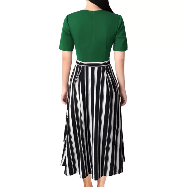 Vfshow Womens Elegant Patchwork Pockets Print Work Casual ALine Midi DressGreen and Stirpes