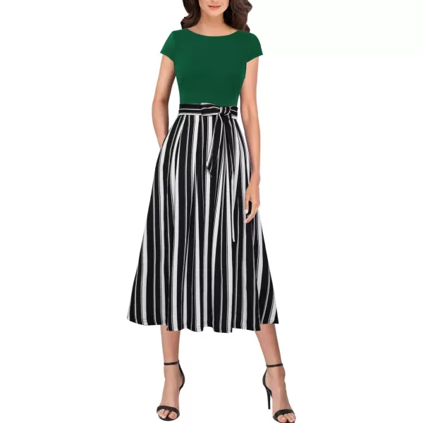 Vfshow Womens Elegant Patchwork Pockets Print Work Casual ALine Midi DressGreenblack and White Striped