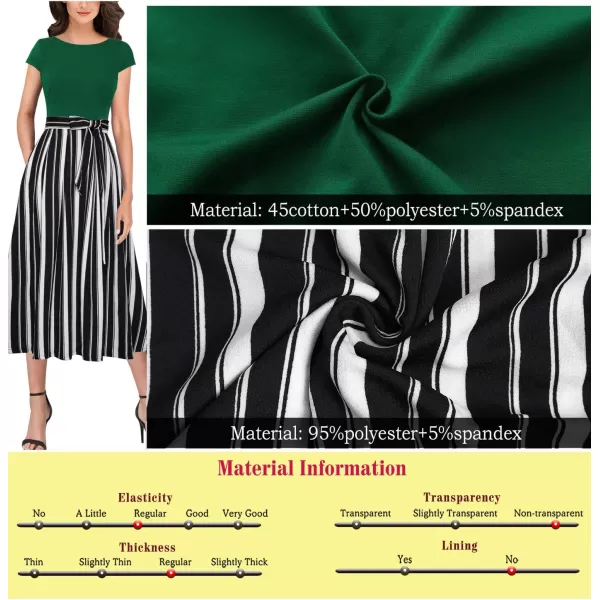 Vfshow Womens Elegant Patchwork Pockets Print Work Casual ALine Midi DressGreenblack and White Striped