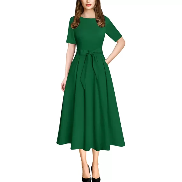 Vfshow Womens Elegant Patchwork Pockets Print Work Casual ALine Midi DressGreenshort Sleeve