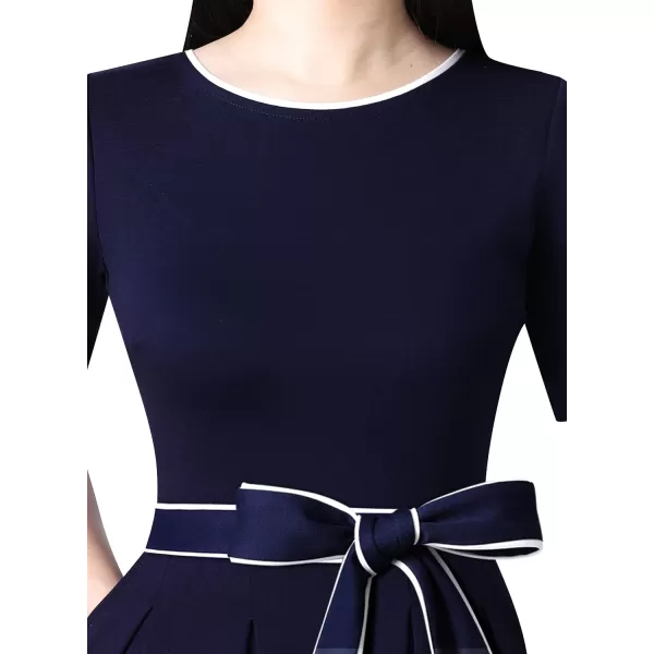 Vfshow Womens Elegant Patchwork Pockets Print Work Casual ALine Midi DressNavy Blue White Piping