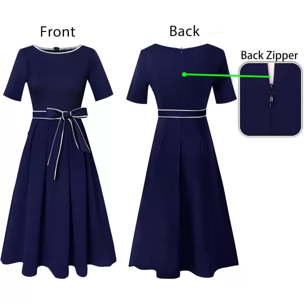 Vfshow Womens Elegant Patchwork Pockets Print Work Casual ALine Midi DressNavy Blue White Piping