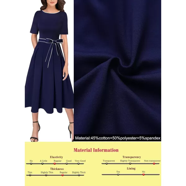 Vfshow Womens Elegant Patchwork Pockets Print Work Casual ALine Midi DressNavy Blue White Piping