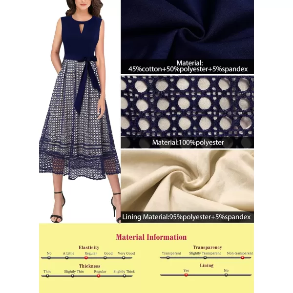 Vfshow Womens Elegant Patchwork Pockets Print Work Casual ALine Midi DressNavy Blue and Floral Print