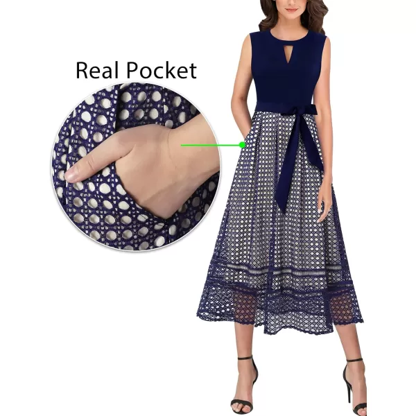 Vfshow Womens Elegant Patchwork Pockets Print Work Casual ALine Midi DressNavy Blue and Floral Print