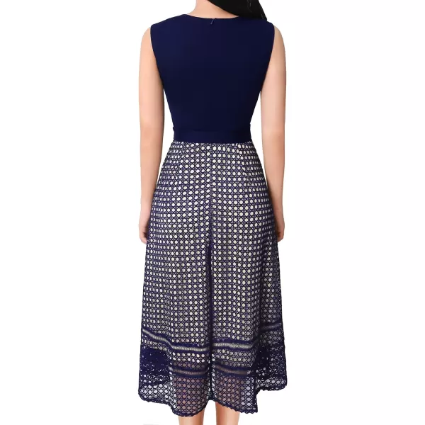 Vfshow Womens Elegant Patchwork Pockets Print Work Casual ALine Midi DressNavy Blue and Floral Print