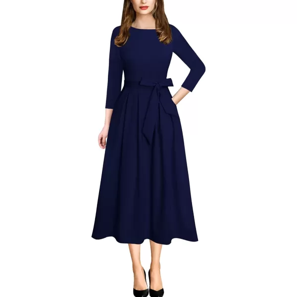 Vfshow Womens Elegant Patchwork Pockets Print Work Casual ALine Midi DressNavy Blue34 Sleeve2