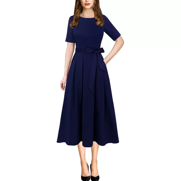 Vfshow Womens Elegant Patchwork Pockets Print Work Casual ALine Midi DressNavy Blueshort Sleeve