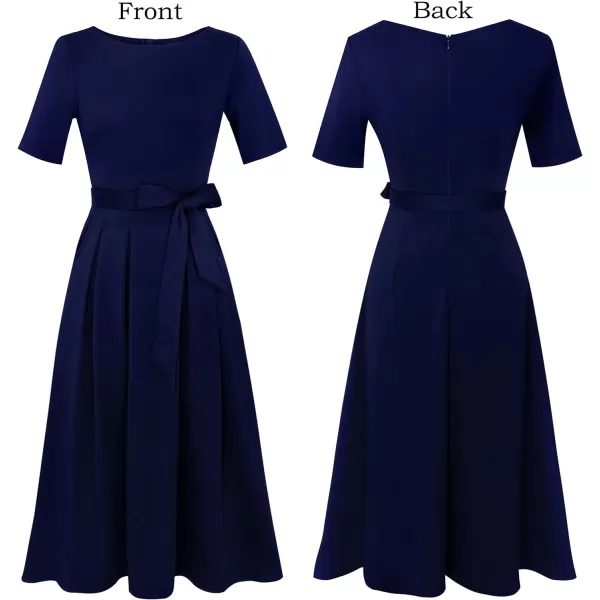 Vfshow Womens Elegant Patchwork Pockets Print Work Casual ALine Midi DressNavy Blueshort Sleeve