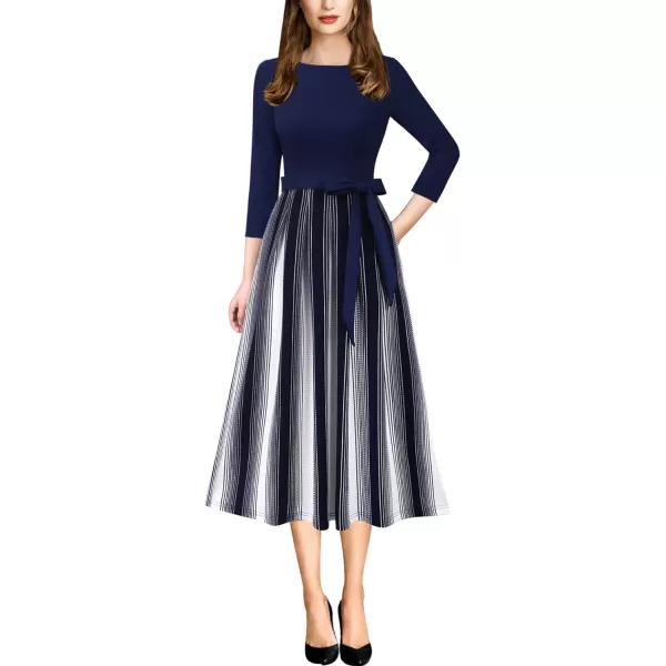 Vfshow Womens Elegant Patchwork Pockets Print Work Casual ALine Midi DressNavy Bluestriped Print34 Sleeve