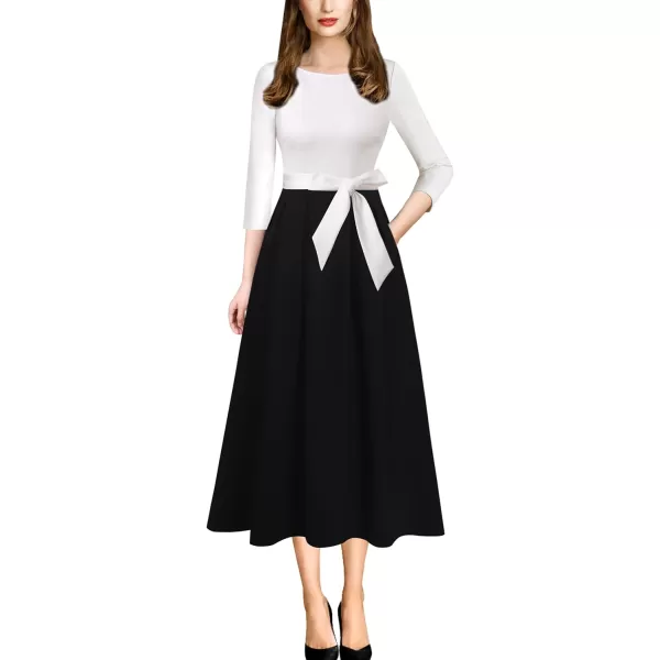 Vfshow Womens Elegant Patchwork Pockets Print Work Casual ALine Midi DressOff White  Black2