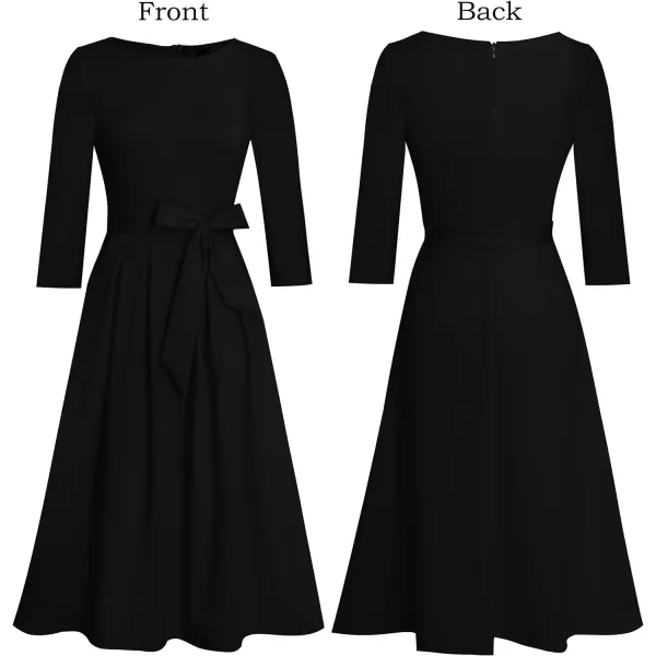 Vfshow Womens Elegant Patchwork Pockets Print Work Casual ALine Midi DressSolid Black34 Sleeve2